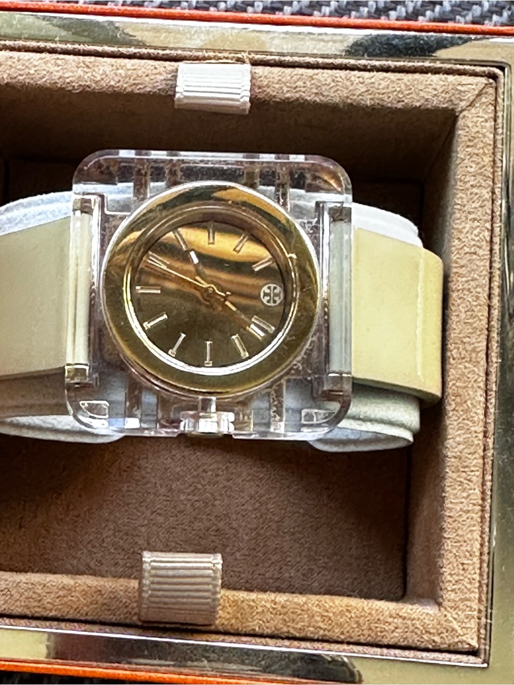 Tory Burch Clear Square Case Watch with Gold Dial and Cream Strap